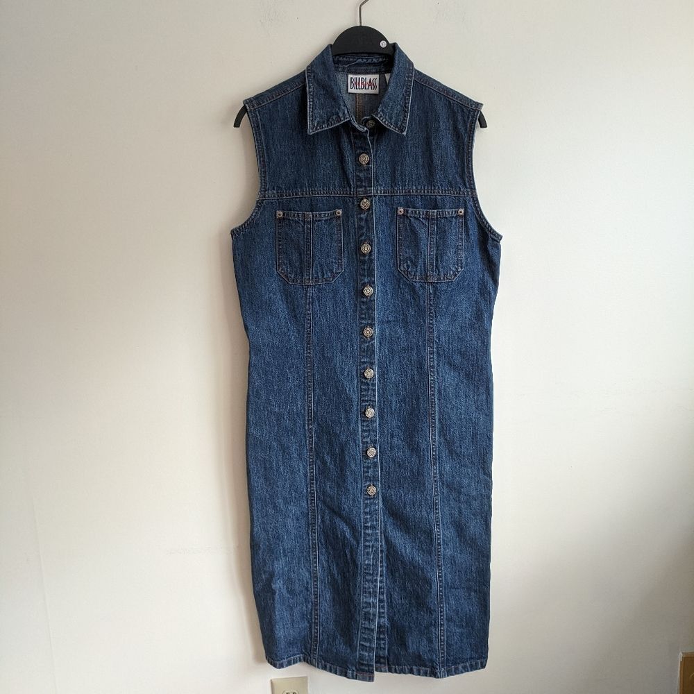Vintage 90s Bill Blass Denim Button-Down Sleeveless Midi Dress. Dark Wash. - Picture 1 of 5